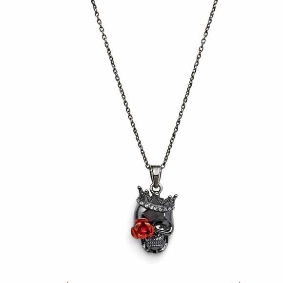 Jewelry - Black Skull Necklace with Red Rose Accent – Gothic Punk Statement Pendant